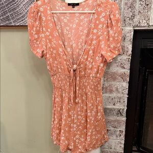 Love Tree Floral Crinkle Romper Tied Front Smocked Waist Boho